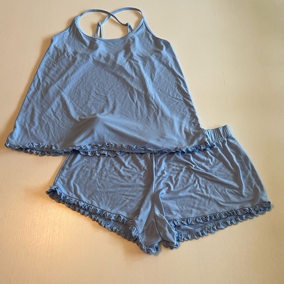 LAKE Pima Cotton Pajama Set Shorts Blue Ruffles Large - Picture 2 of 9